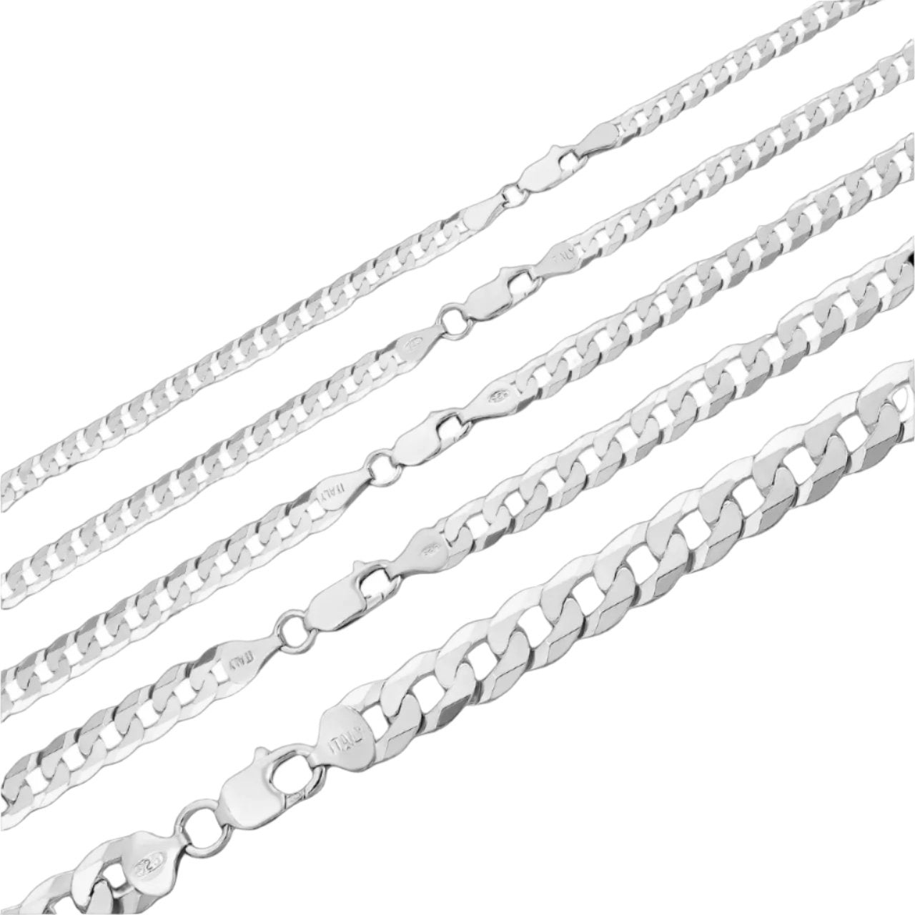 Sterling Flat Curb Pave Cuban Nickel Free Italy Chains Necklaces 18"-24" ; 3-10mm