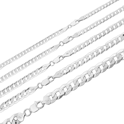 Sterling Flat Curb Pave Cuban Nickel Free Italy Chains Necklaces 18"-24" ; 3-10mm