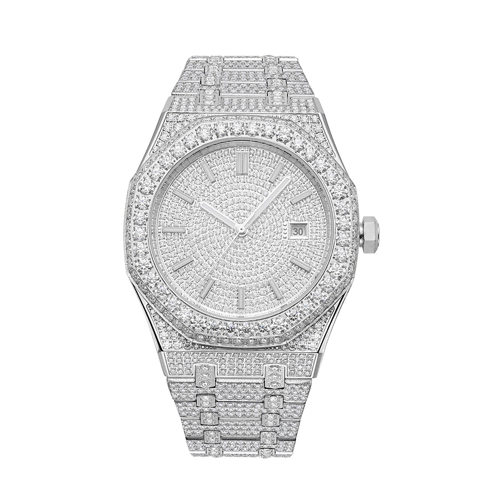 Bold Octagonal Bezel Stainless Steel Watch with Moissanite Accents
