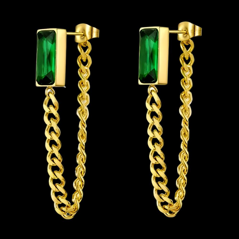 Stainless Steel Fashion Dangling Cuban Earrings Inlaid Gold Green Crystal