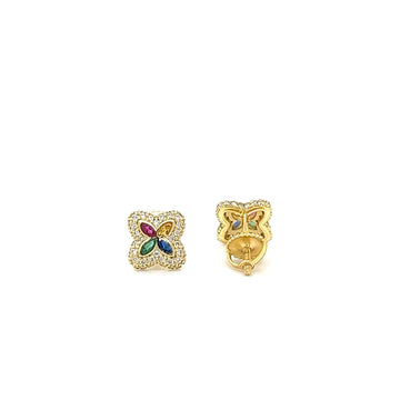 Floral Stud Earrings in Gold with Multi-Color Stones