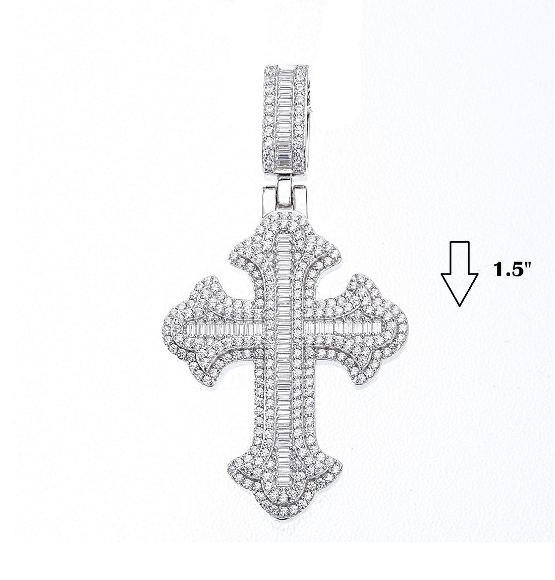 Gothic Tupac Fleur De Lis Cross Sterling Baguette Round Zirconia 1.5" Pendant Charm - C300059
