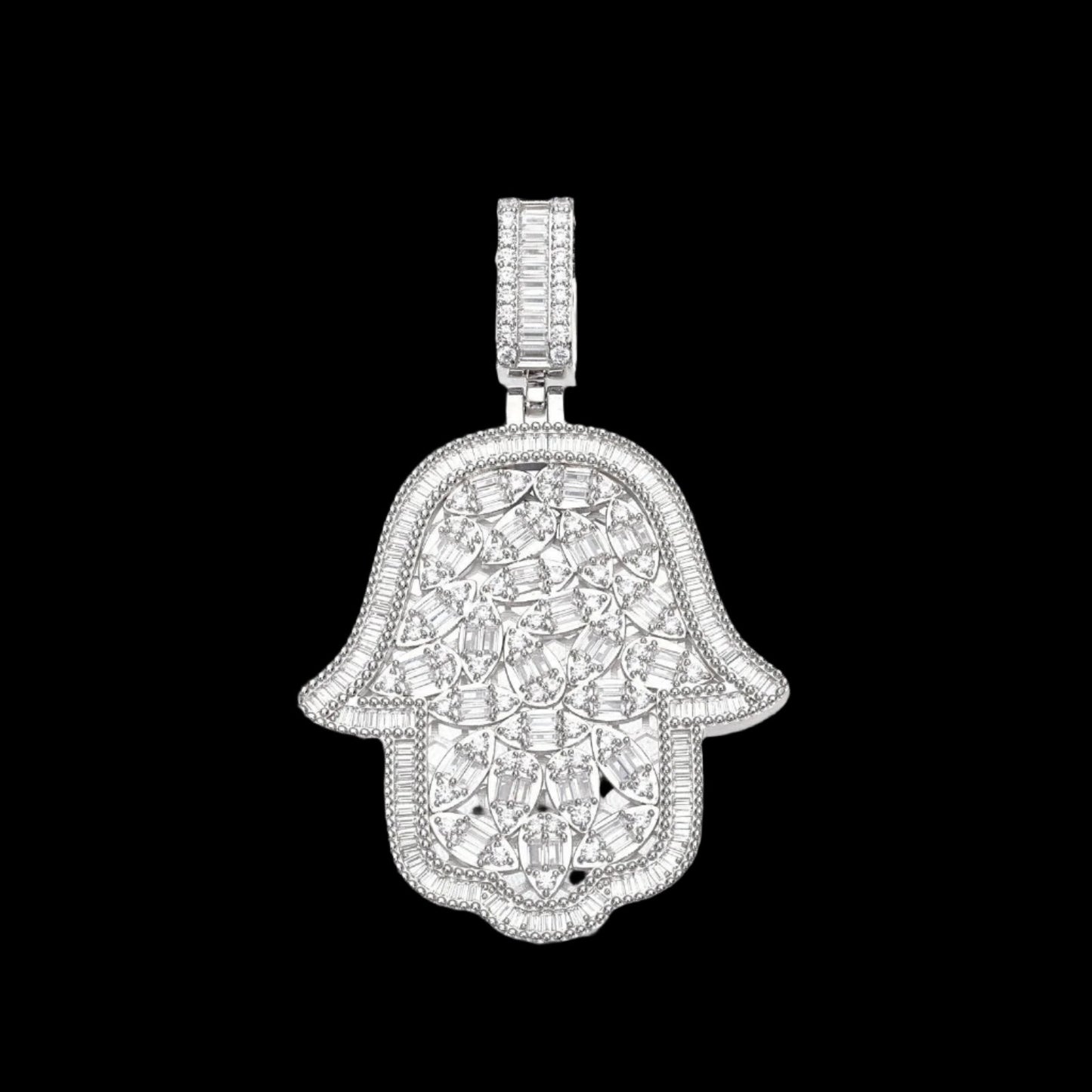 Round & Baguette Cubic Zirconia 2" Hamsa Hand Pendant Charm - C400049