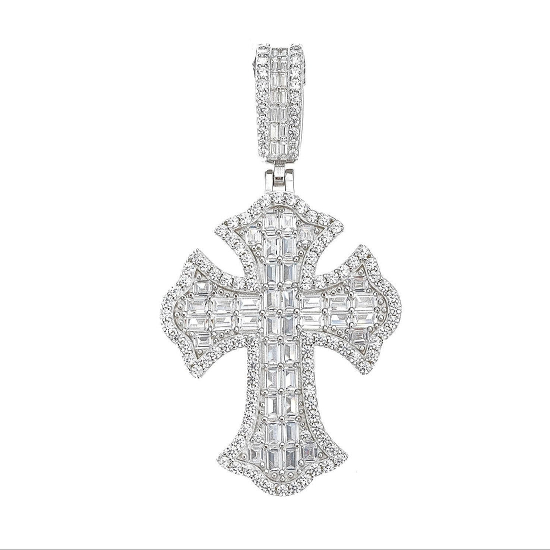 Fleur De Lis Gothic Tupac Cross Sterling Double Baguette Cubic Zirconia 1.5" Pendant Charm - C300079