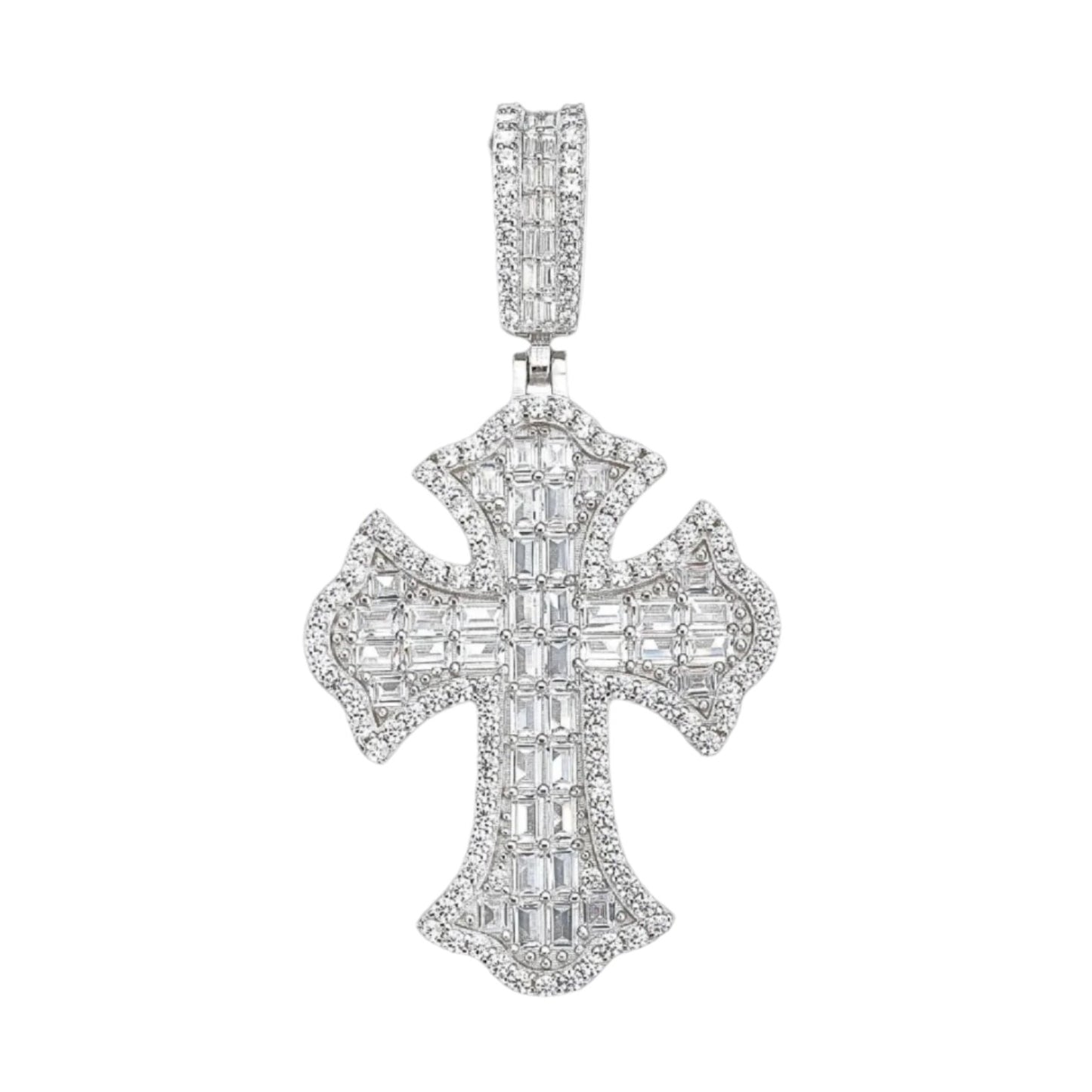 925 Sterling Silver Round & Baguette Cubic Zirconia Cross Pendant Charm - C300079