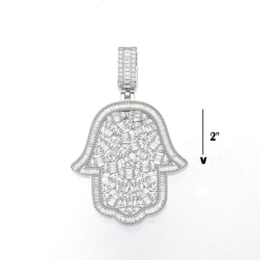Pear Design Cubic Zirconia Evil Eyes Hamsa Hand Iced Out 2" Pendant Charm 925 Sterling Silver - C400049