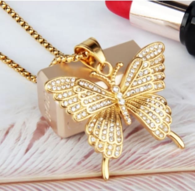 Butterfly Pendant Necklace with Zircon 18K Gold Plated Stainless Steel Jewelry