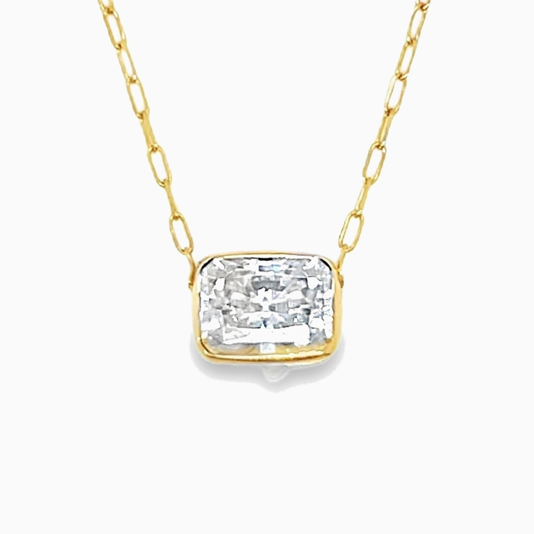 East-west bezel solitaire necklace on a 14k gold paperclip chain, 2 ct