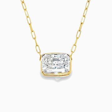 East-west bezel solitaire necklace on a 14k gold paperclip chain, 2 ct