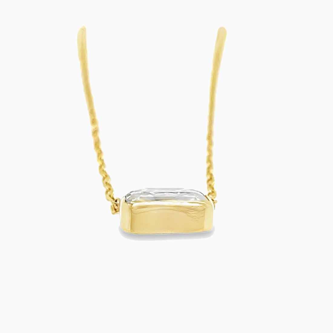 East-west bezel solitaire necklace on a 14k gold paperclip chain, 2 ct