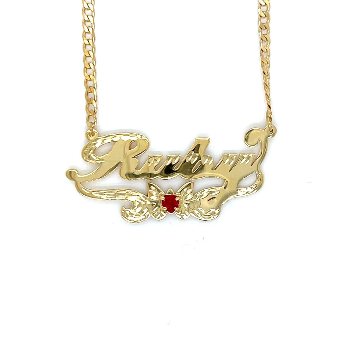 Butterfly Nameplate Necklace with Decorative Scroll & Colored CZ Accent