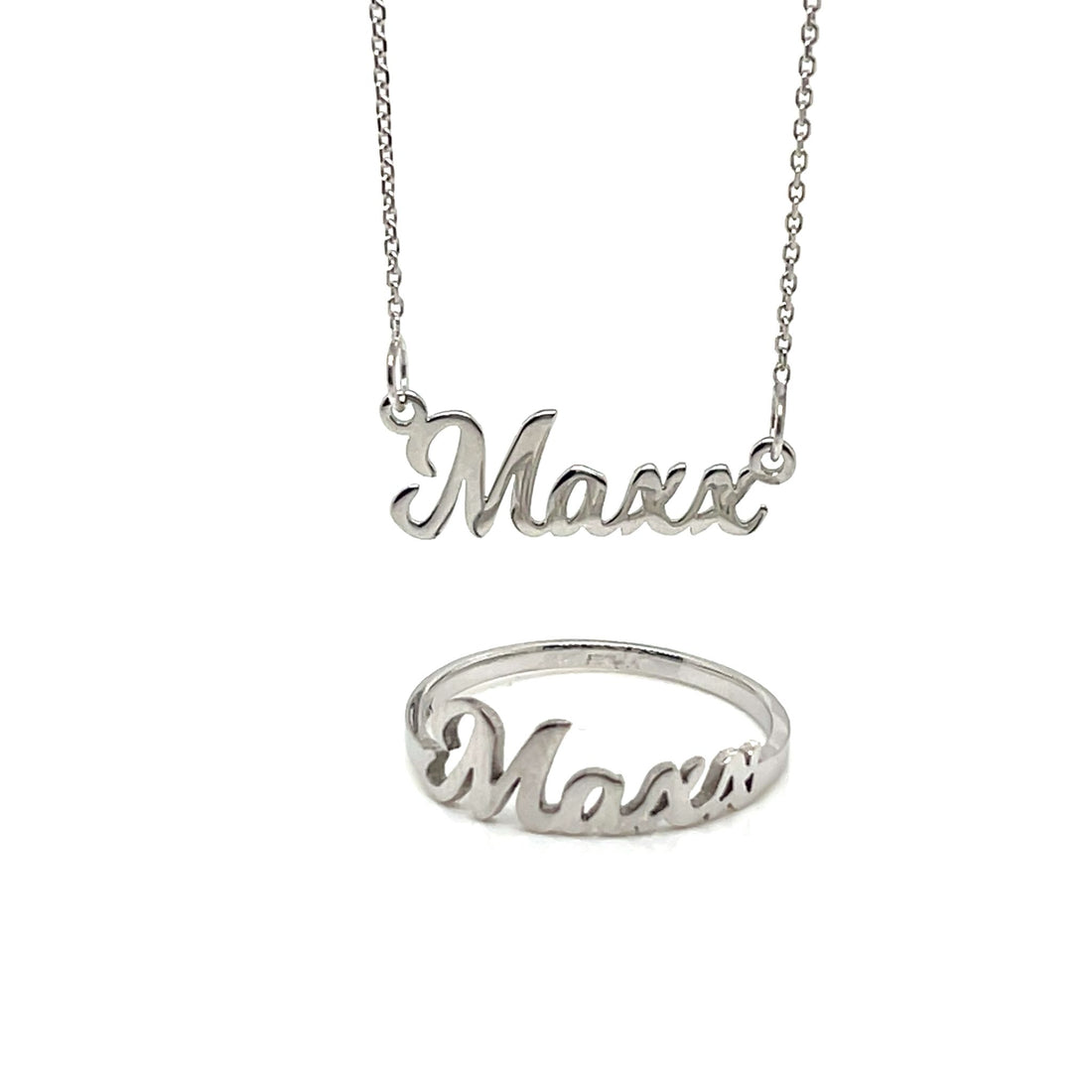 Custom Script Name Necklace & Matching Ring Set – Sterling Silver or 14K White Gold