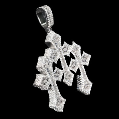 4.79CT Baguette and Round Moissanite Triple Ornamental Cross Pendant 2" Charm - M400099