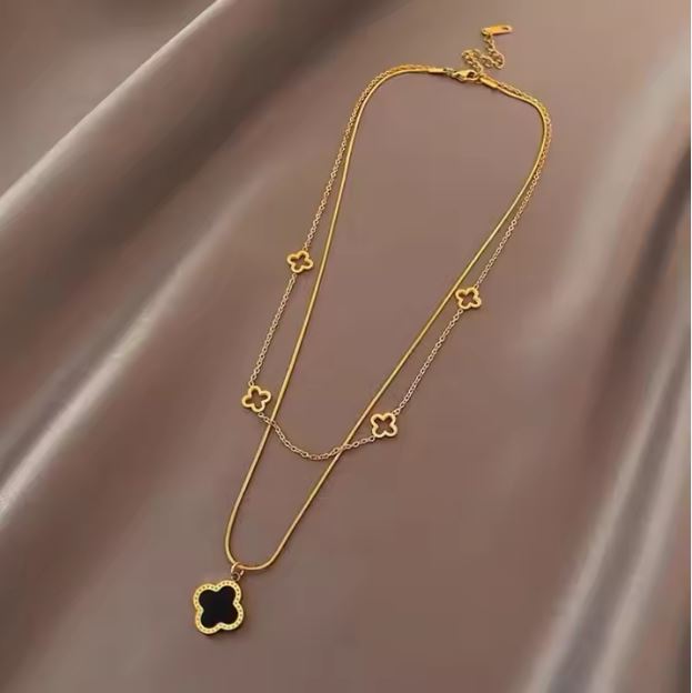 Elegant Gold Plated Stainless Steel Necklace with Black Clover Charm