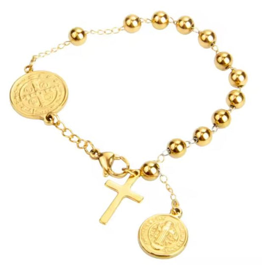 18K Gold San Benito Bracelet Beaded Religious Jewelry with Cross Pendant