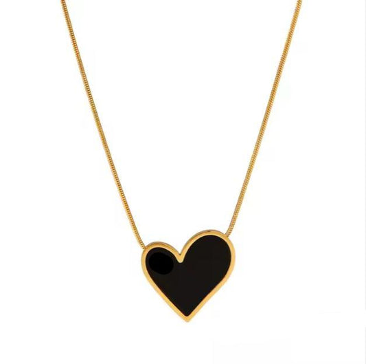 18K Gold-Plated Stainless Steel Black Enamel Heart Pendant Necklace Irregular Design