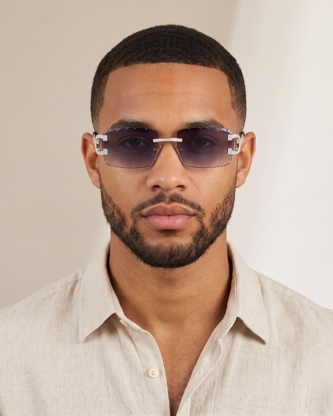 Rimless Sunglasses Metal Blue Lens
