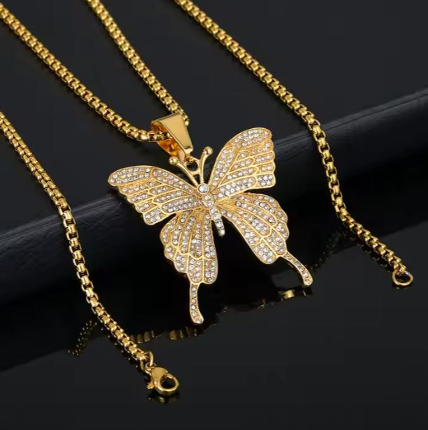 Butterfly Pendant Necklace with Zircon 18K Gold Plated Stainless Steel Jewelry