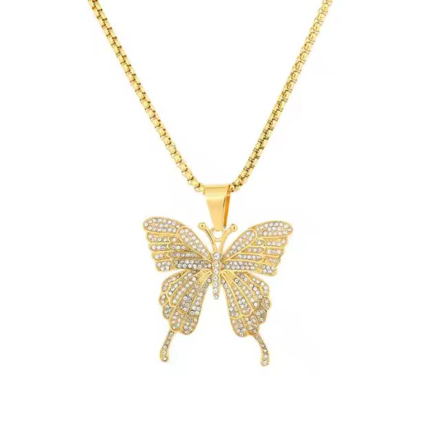 Butterfly Pendant Necklace with Zircon 18K Gold Plated Stainless Steel Jewelry