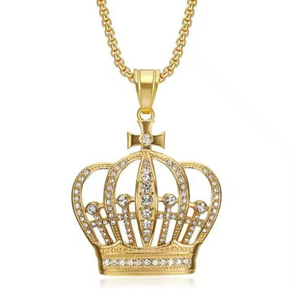 Crown Pendant Necklace with Zircon 18K Gold Plated Stainless Steel Jewelry