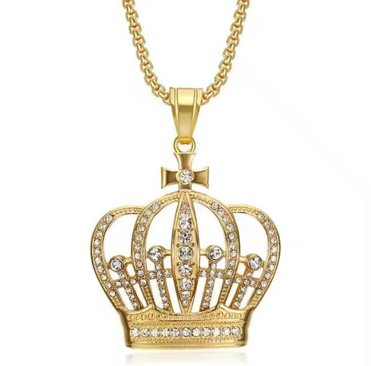 Crown Pendant Necklace with Zircon 18K Gold Plated Stainless Steel Jewelry