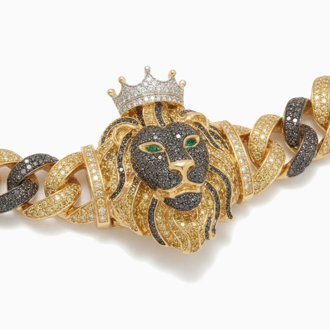 Cuban link chain with alternating black and golden stones and a crowned lion centerpiece