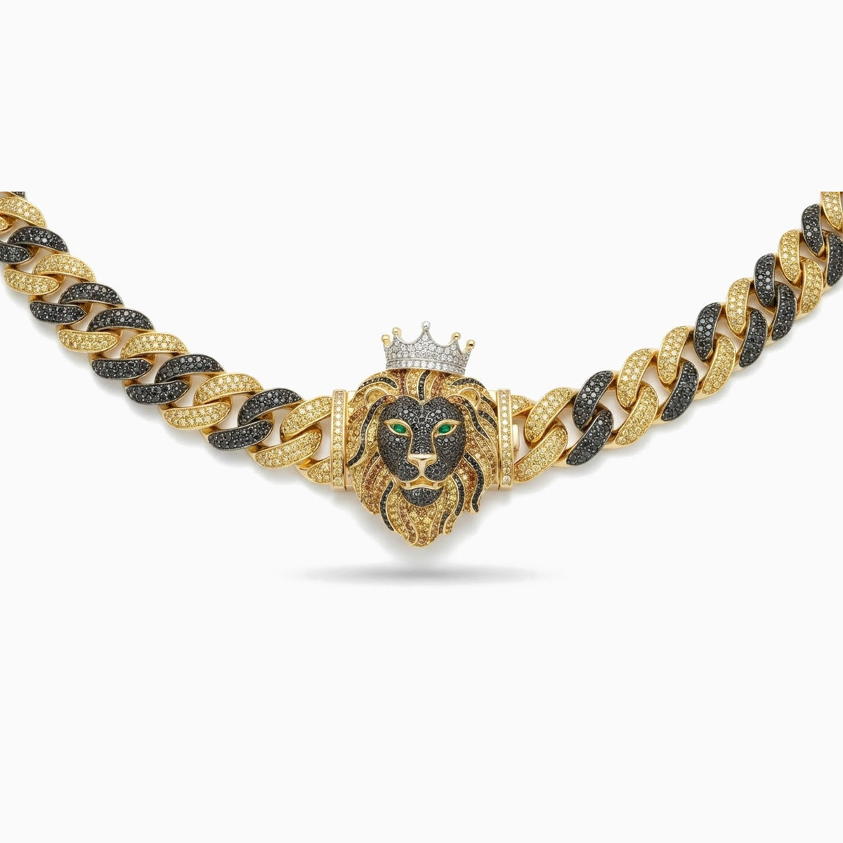 Front view of the crowned lion centerpiece on the black and gold Cuban chain