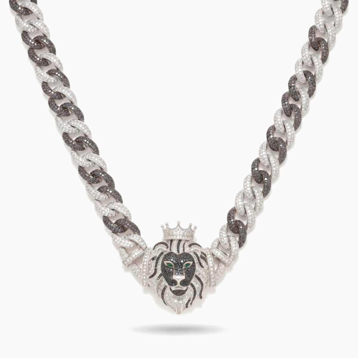 White tone version of the Crowned Lion Cuban chain with black and white stones