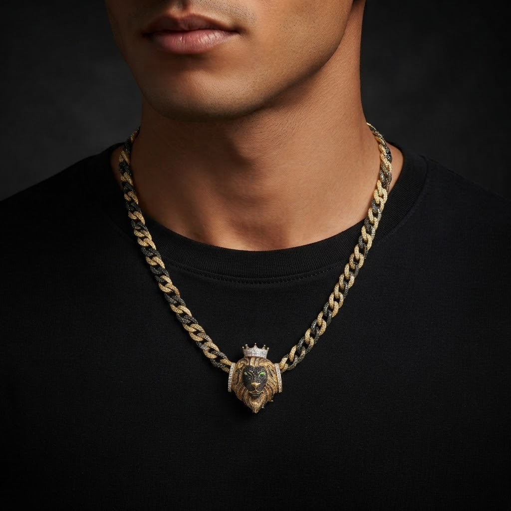 Crowned Lion Cuban chain worn over a black t-shirt