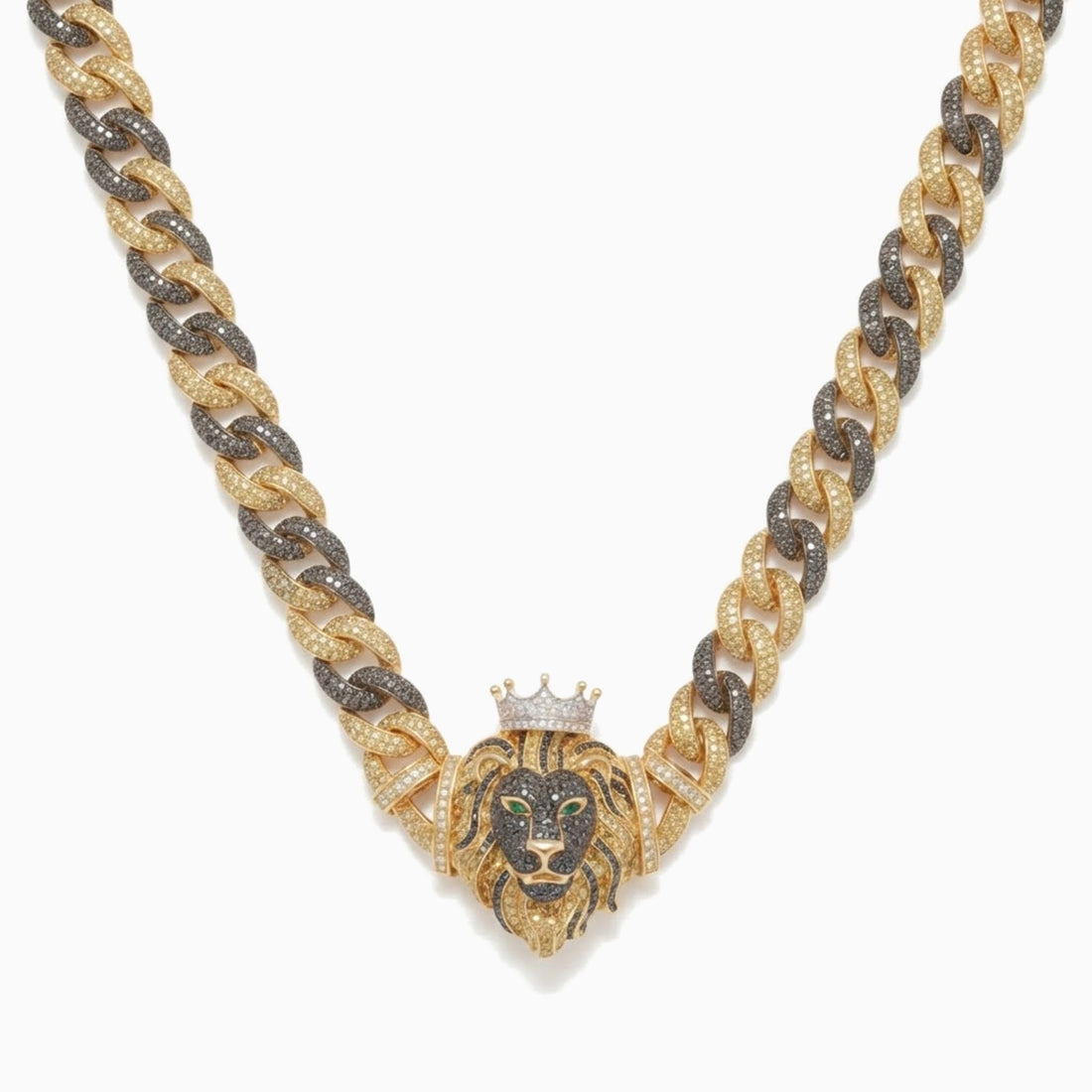 Cuban link chain with alternating black and golden stones and a crowned lion centerpiece