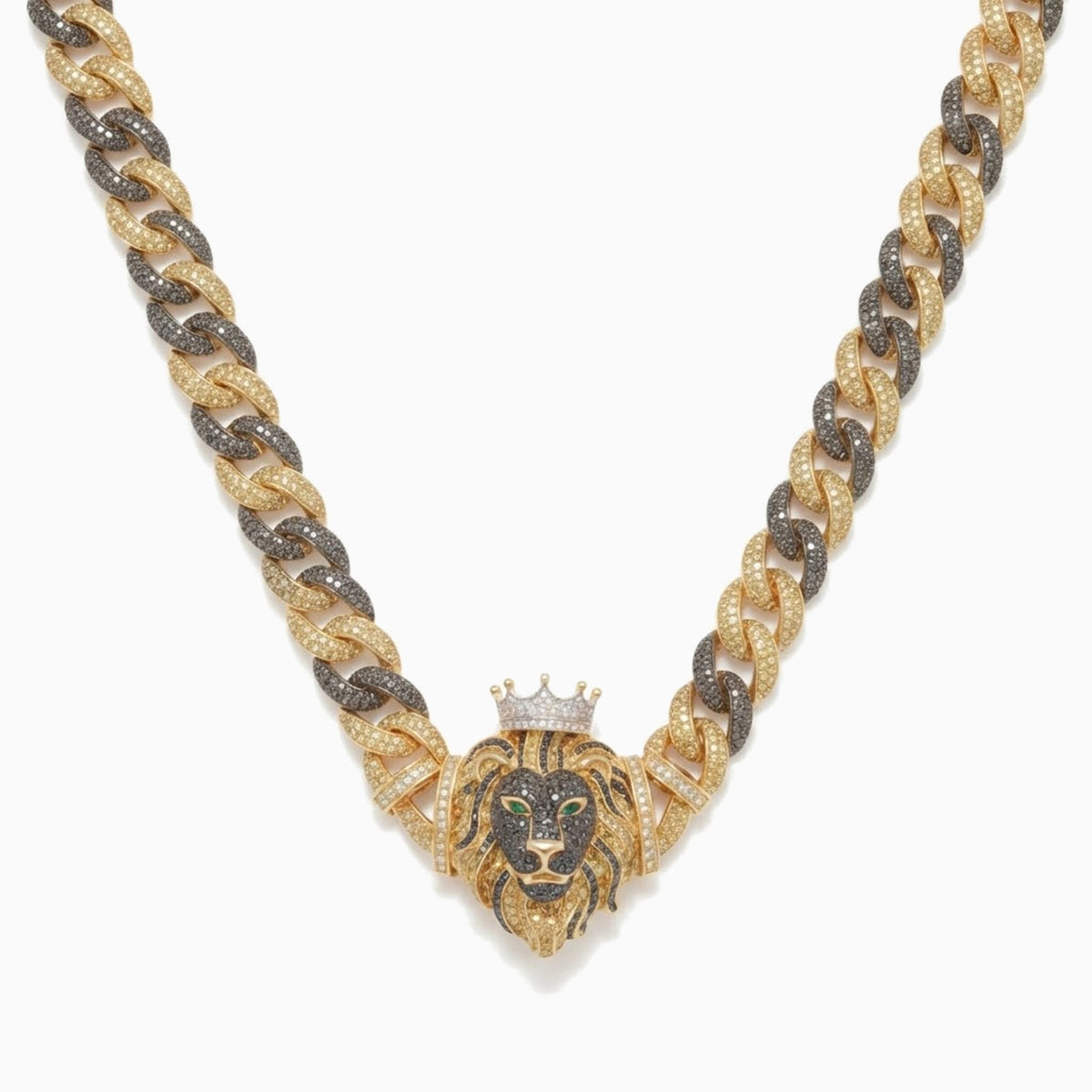 Cuban link chain with alternating black and golden stones and a crowned lion centerpiece