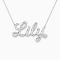 Silver diamond-cut script name necklace with a pave heart