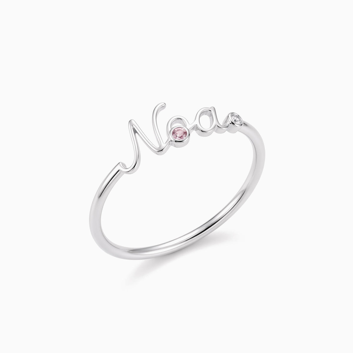 Delicate script name ring with two accent stones