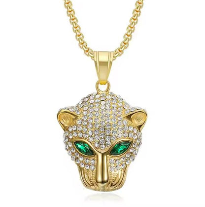 Hip Hop Necklace Jewelry with Zirconia 18k Gold Plated Stainless Steel Iced Out Green Red Eye Leopard Pendant Necklace