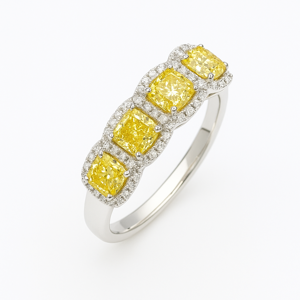 14K White Gold Cushion-Cut Yellow Diamond Halo Band