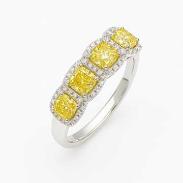 14K White Gold Cushion-Cut Yellow Diamond Halo Band
