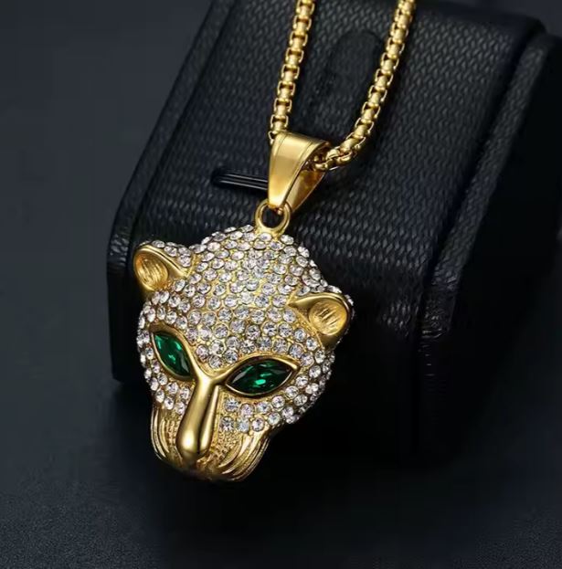 Hip Hop Necklace Jewelry with Zirconia 18k Gold Plated Stainless Steel Iced Out Green Red Eye Leopard Pendant Necklace