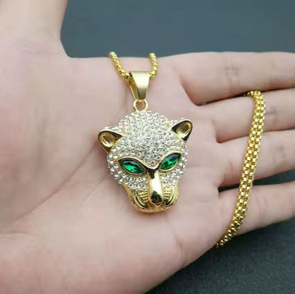 Hip Hop Necklace Jewelry with Zirconia 18k Gold Plated Stainless Steel Iced Out Green Red Eye Leopard Pendant Necklace