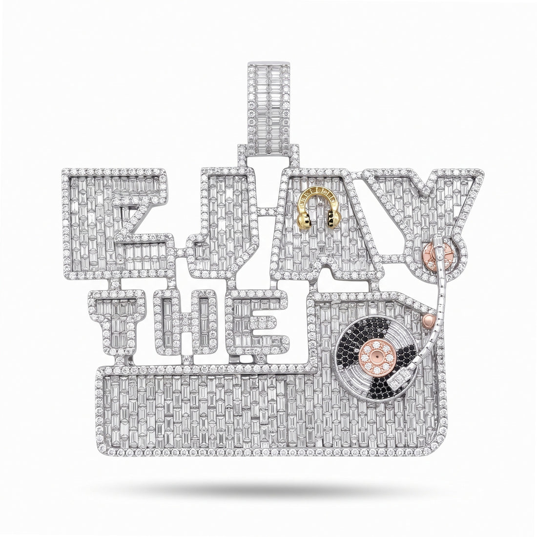Custom iced-out DJ name pendant with turntable and gold headphones