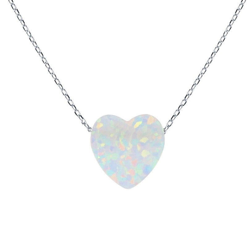 Blue Pink White Opal Heart Charm Pendant & Chain 16" Necklace in 925 Sterling Silver - C5090019