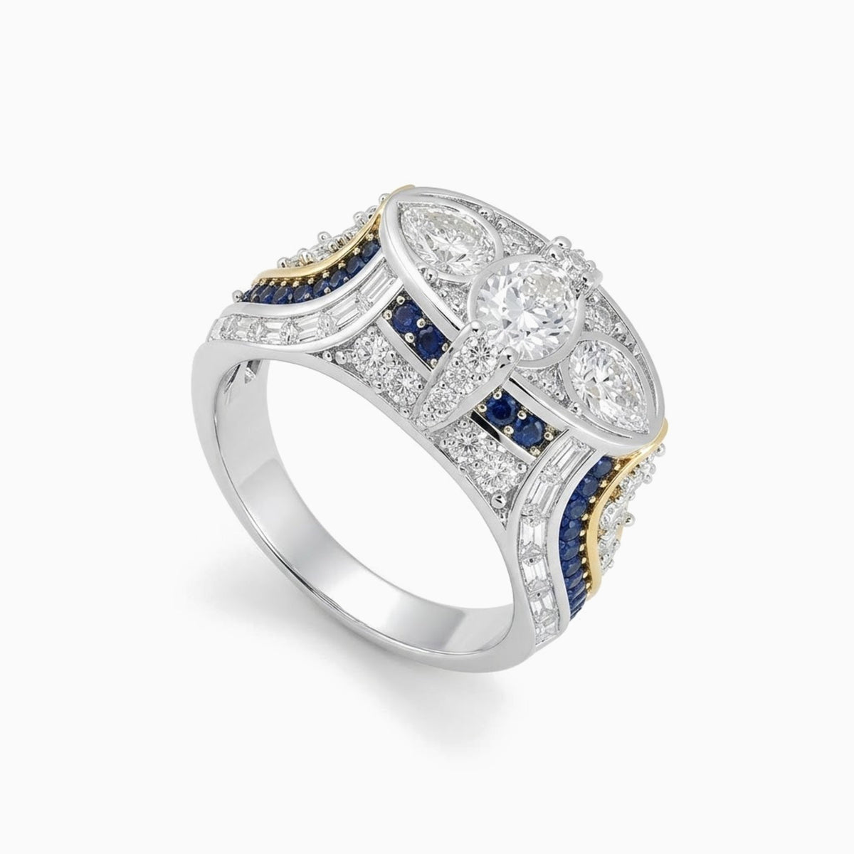 Vintage Art Deco wedding ring for her with pear and oval stones and blue sapphires