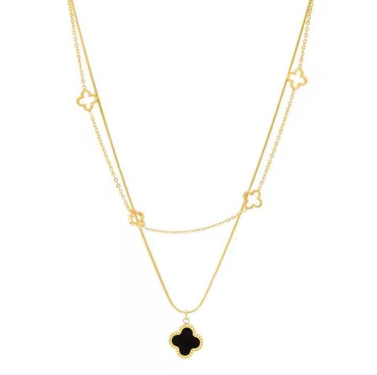 Elegant Gold Plated Stainless Steel Necklace with Black Clover Charm