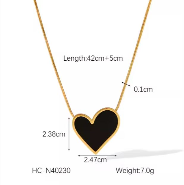 18K Gold-Plated Stainless Steel Black Enamel Heart Pendant Necklace Irregular Design