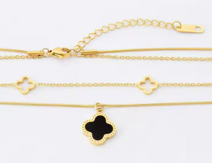 Elegant Gold Plated Stainless Steel Necklace with Black Clover Charm