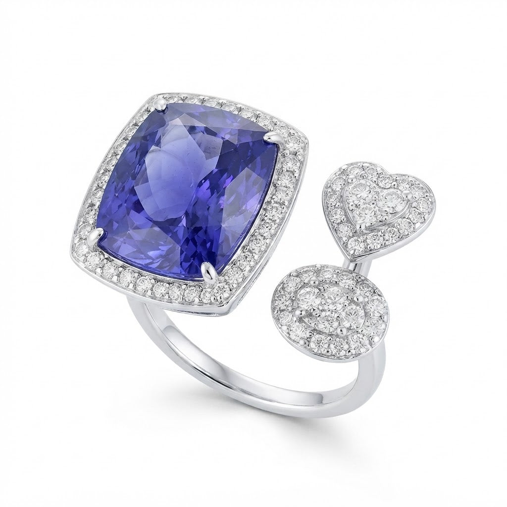 Open toi et moi ring with violet-blue cushion stone, pave heart and pave oval
