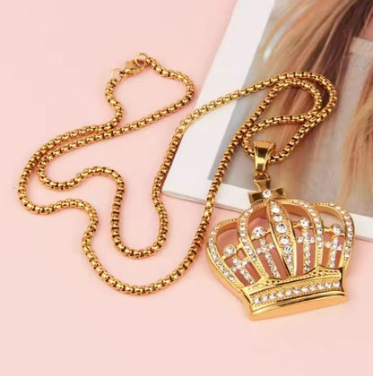 Crown Pendant Necklace with Zircon 18K Gold Plated Stainless Steel Jewelry