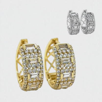 Wide Hoop Huggies Baguette CZ Multy Row Earrings - C250109