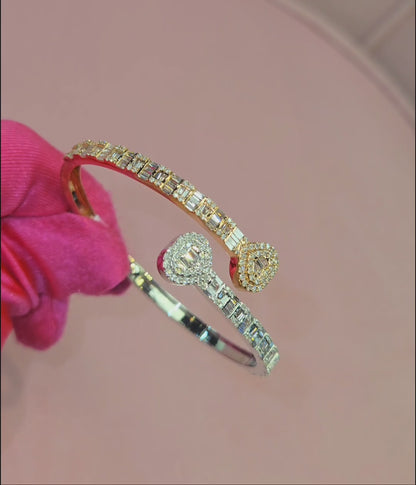 10k Rose-White Gold Baguette & Round Diamond Double Heart Unisex Bangle Bracelet