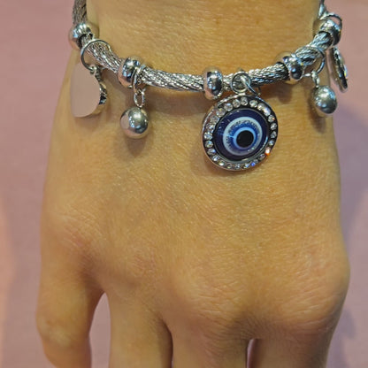 Adjustable Elements Blue Evil Eye Heart Stainless steel Cubic Zirconia Bangles Bracelets