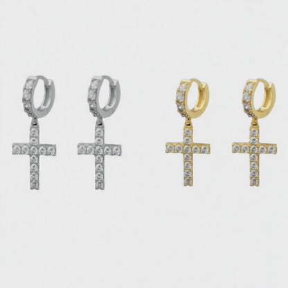 Tennis Dazzling Divine Cross Drop Huggie Hoop Earrings - C203129